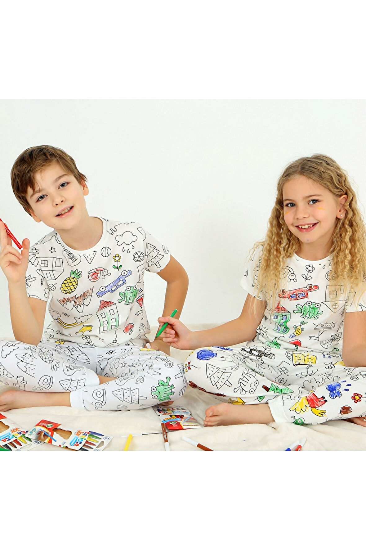 Kısa Kollu + Özel Kalem BOYANABİLİR Kız Erkek Çocuk Pijama Takım