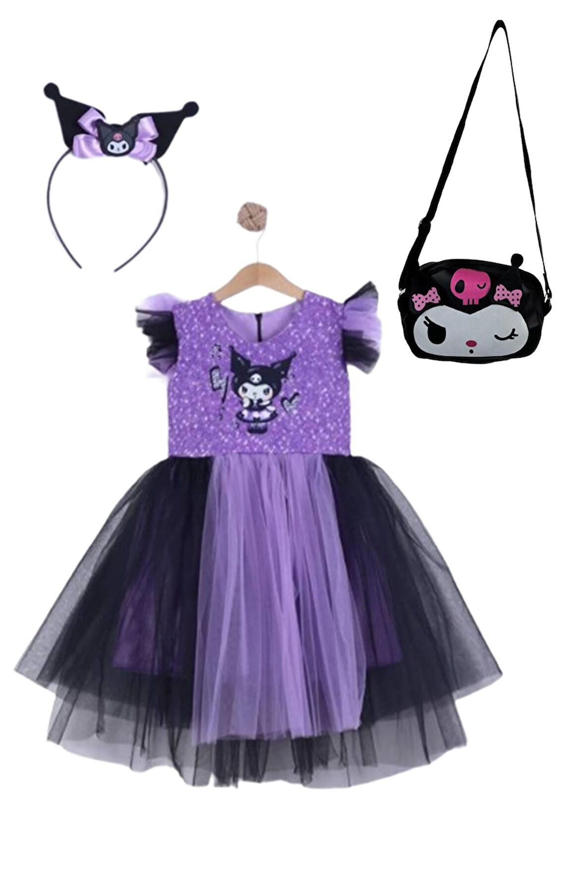 Kuromi Baskılı TaçlI Çantalı Kız Elbise 3/10 Yaş