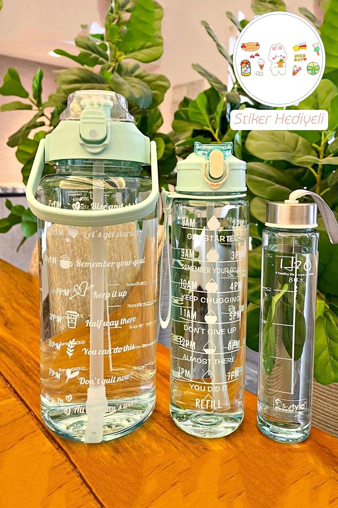 3lü Motivasyonel Su Matarası Soft Green Stickerlı Pipetli Taşınabilir Sızdırmaz Su Şişesi Matarası