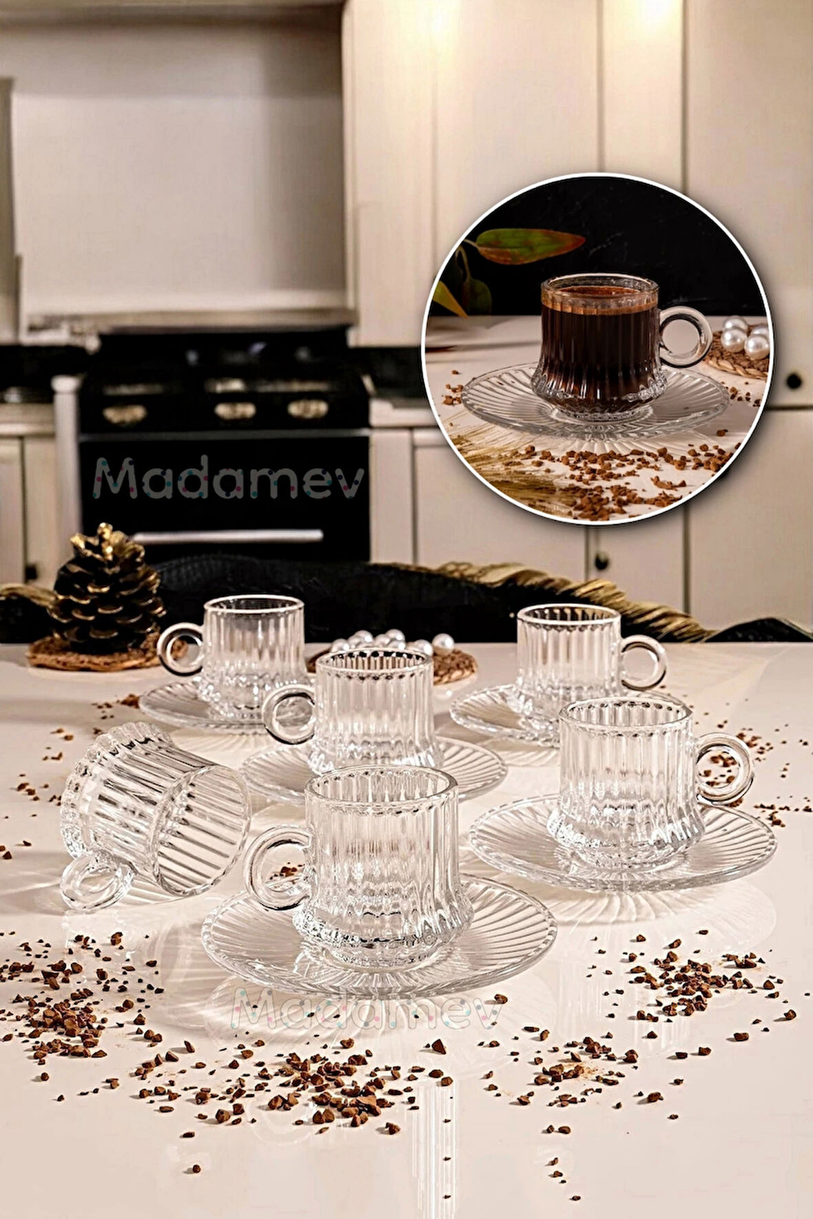 Tilbe Home 12 Parça Cam Kahve Fincan Seti Çizgili Desen Nescafe Fincanı Cam Tabaklı Çay Takımı 125cc