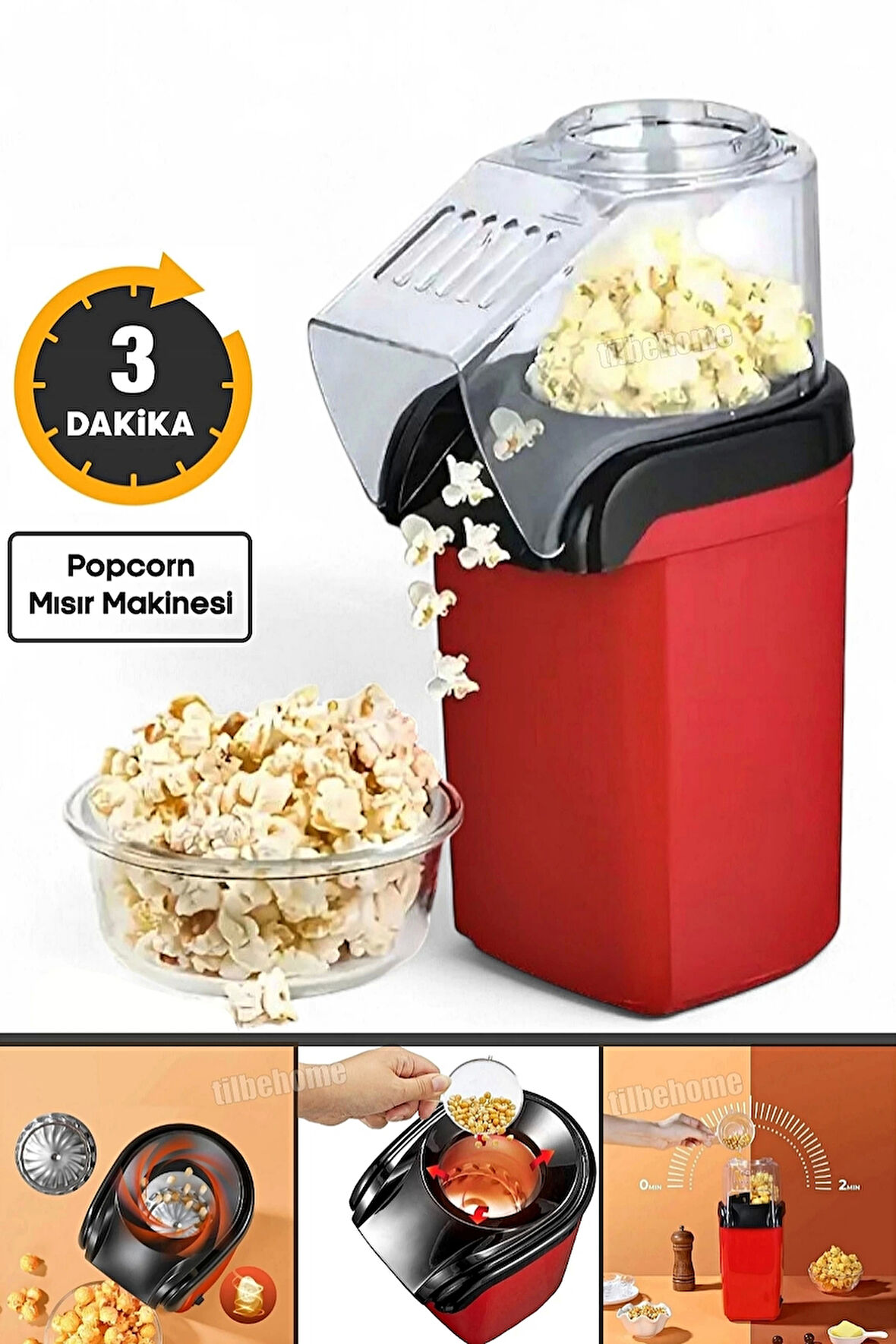 Tilbe Home Popcorn Mısır Makinesi Yağsız Mısır Patlatma Makinası 1200W Elektrikli Sıcak Havalı Mısır Makinesi