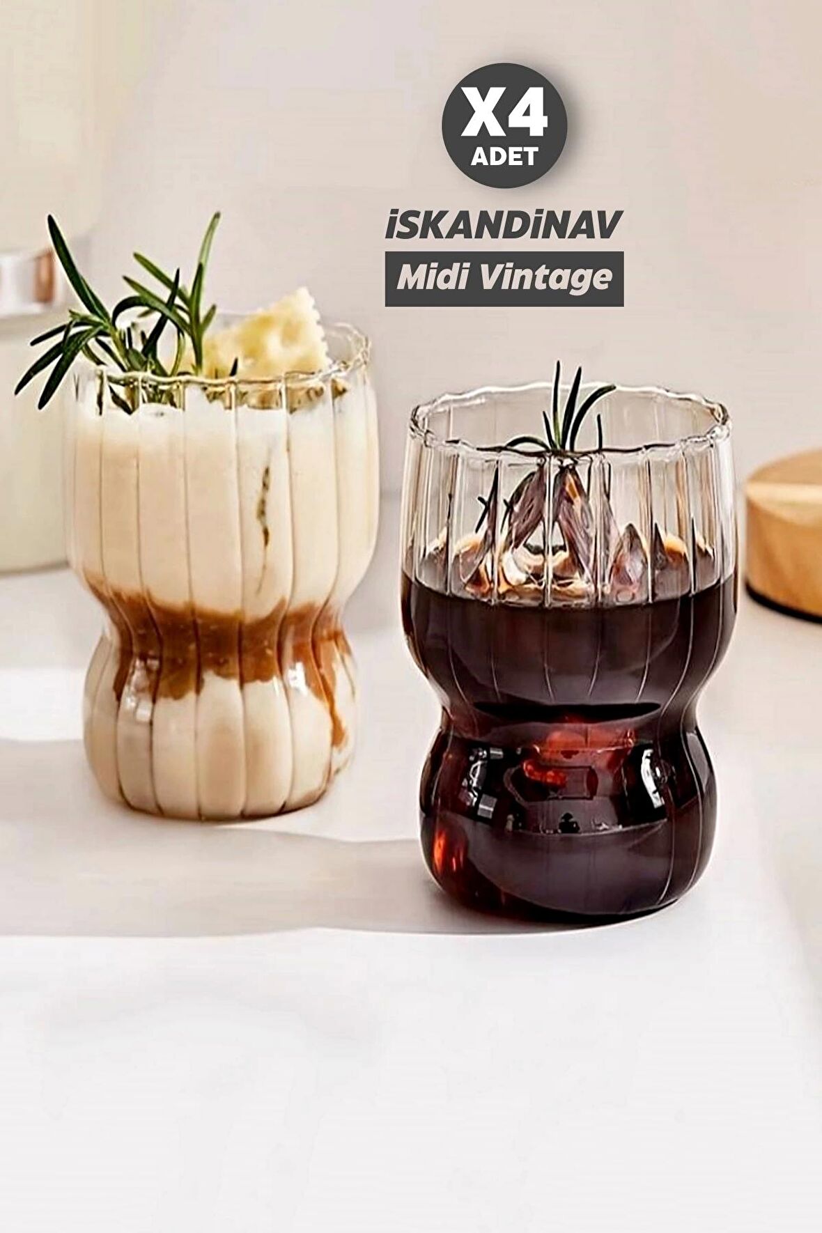 4'lü İskandinav Midi Vintage Burgulu Tarz Bardak Kahve Sunum 380 ml. Isıya Dayanıklı Cam Bardağı