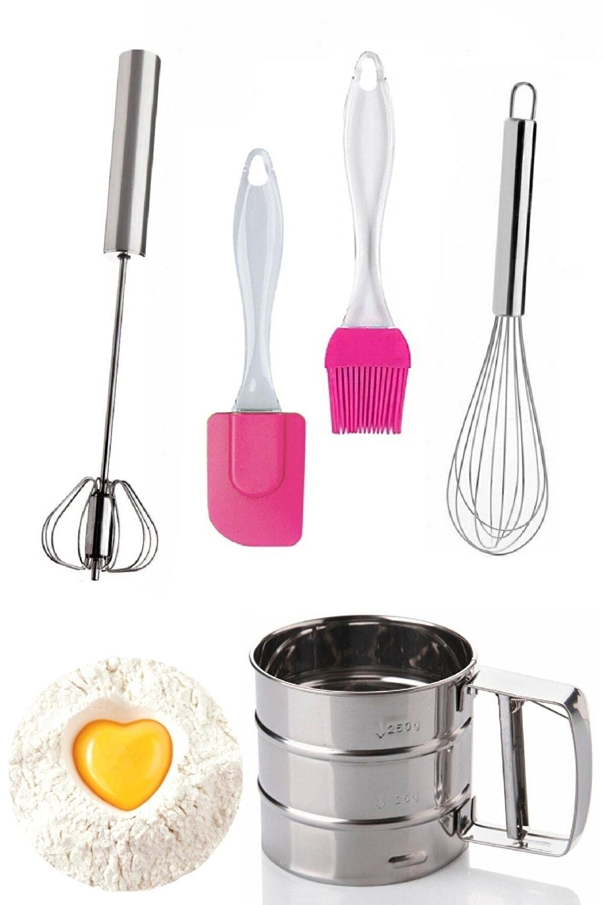 Silikon Yağ Fırçası Silikon Spatula Tel Çırpıcı Un Eleği Kakao Eleme Çelik Basmalı Yumurta Çırpıcı
