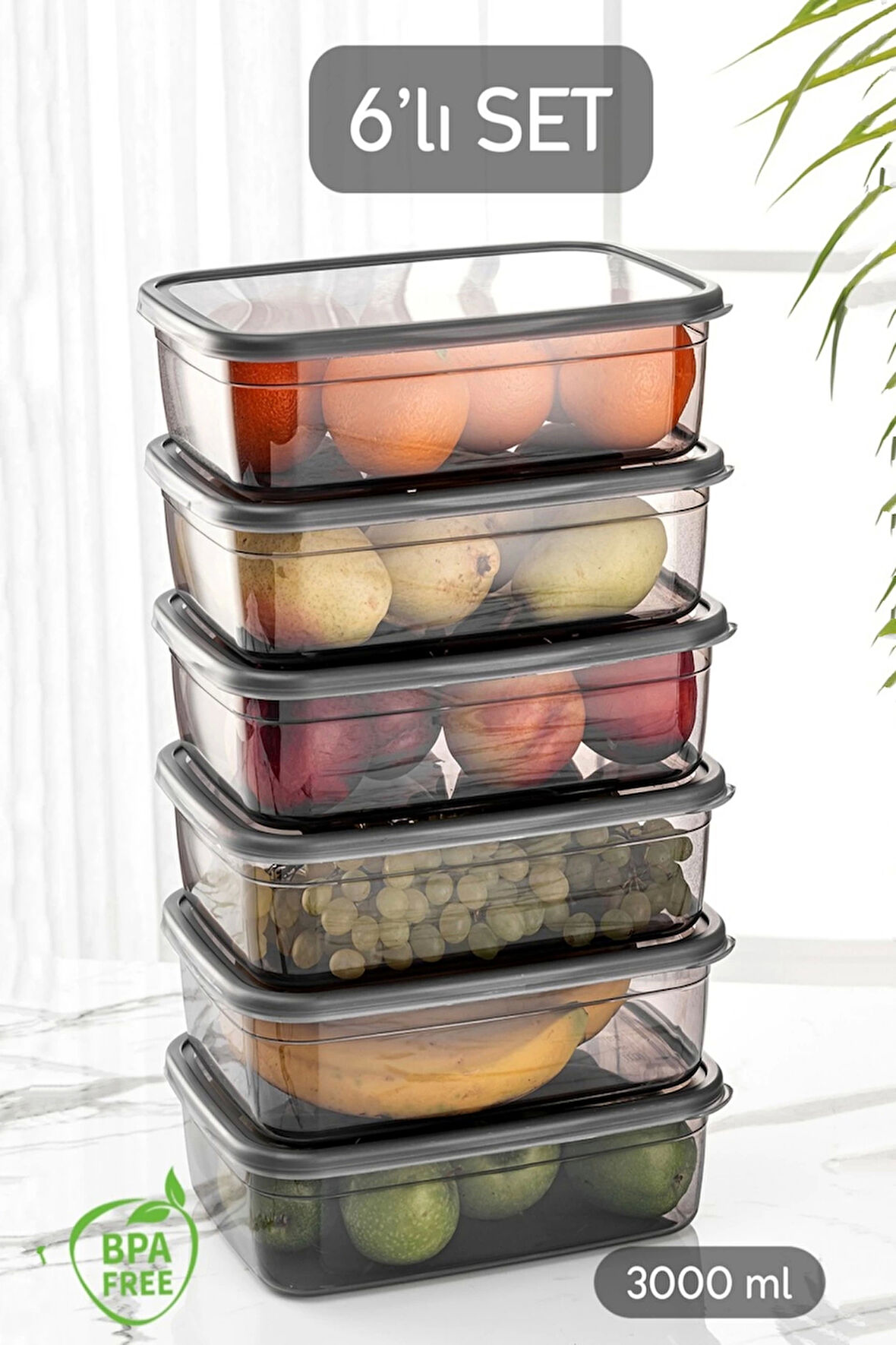 Tilbe Home 6lı Sızdırmaz Kapaklı Derin Dondurucuya Uygun Saklama Kabı Düzenleyici Gri Erzak Kabı Organizer 3Lt