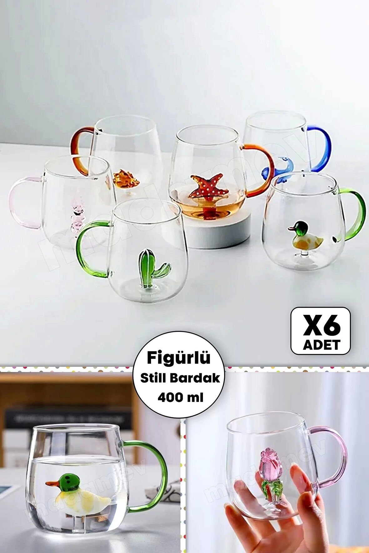 6'lı Figürlü Cam Bardak 3D Sevimli Karikatürler Bardağı Kawaii Renkli Kulplu Sunum Fincanı 350 ml.