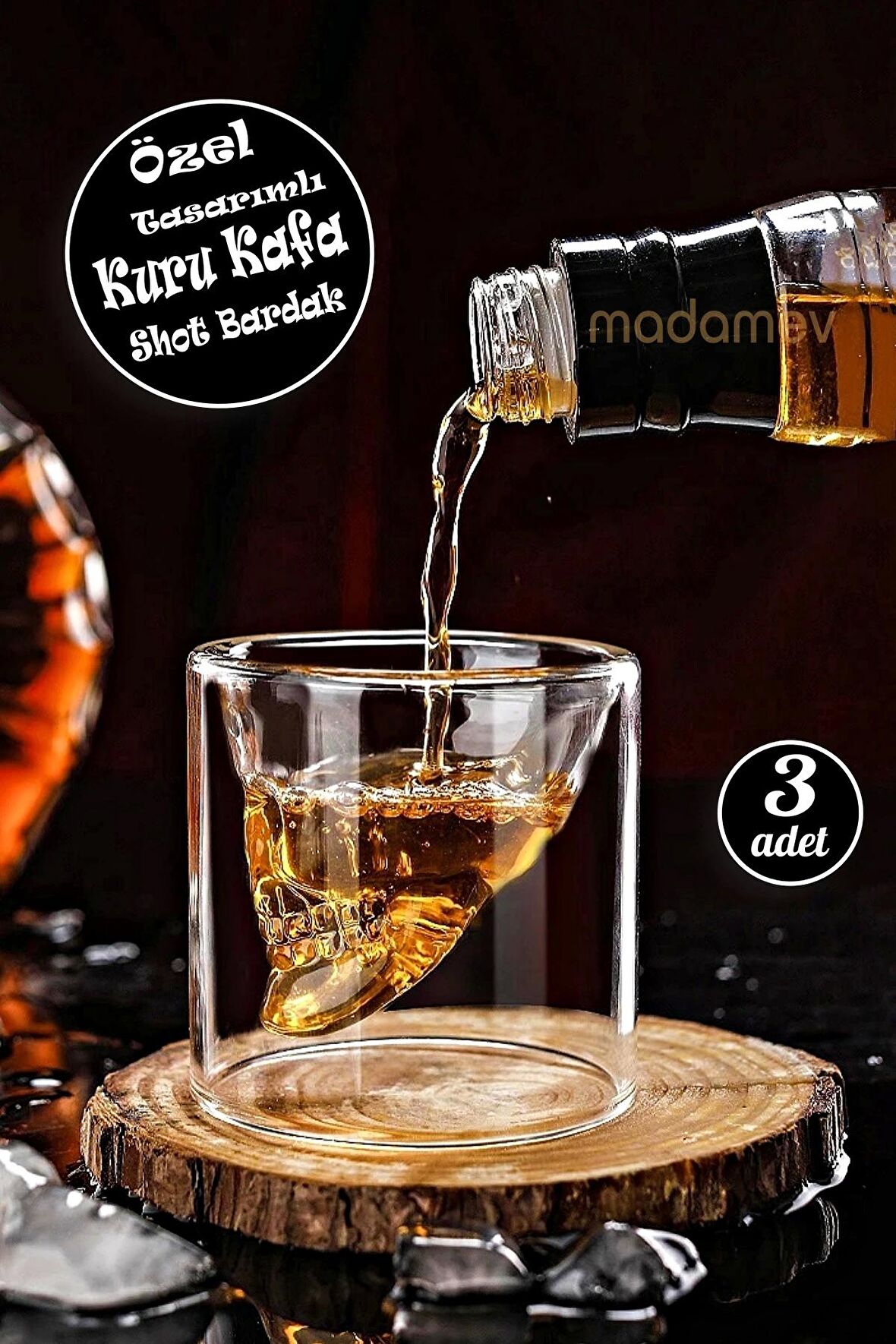 3lü Kuru Kafa Viski Shot Bardağı Çift Cidarlı Bardak Skull Kristal Tasarım Kokteyl Bardağı 75 ml.