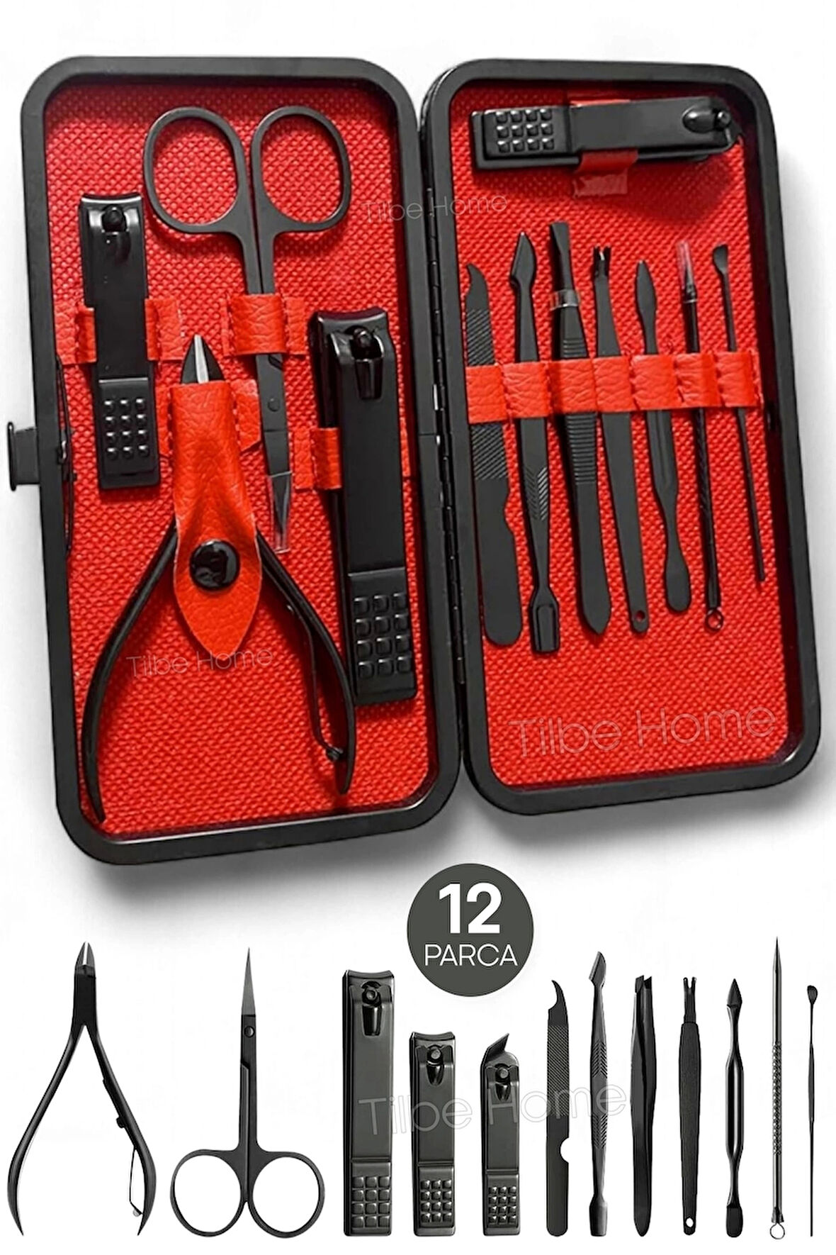 Tilbe Home 12 Parça Çantalı Manikür Pedikür Seti El Ayak Tırnak Bakım Seti Cımbız Makas Siyah Nokta Temizleme