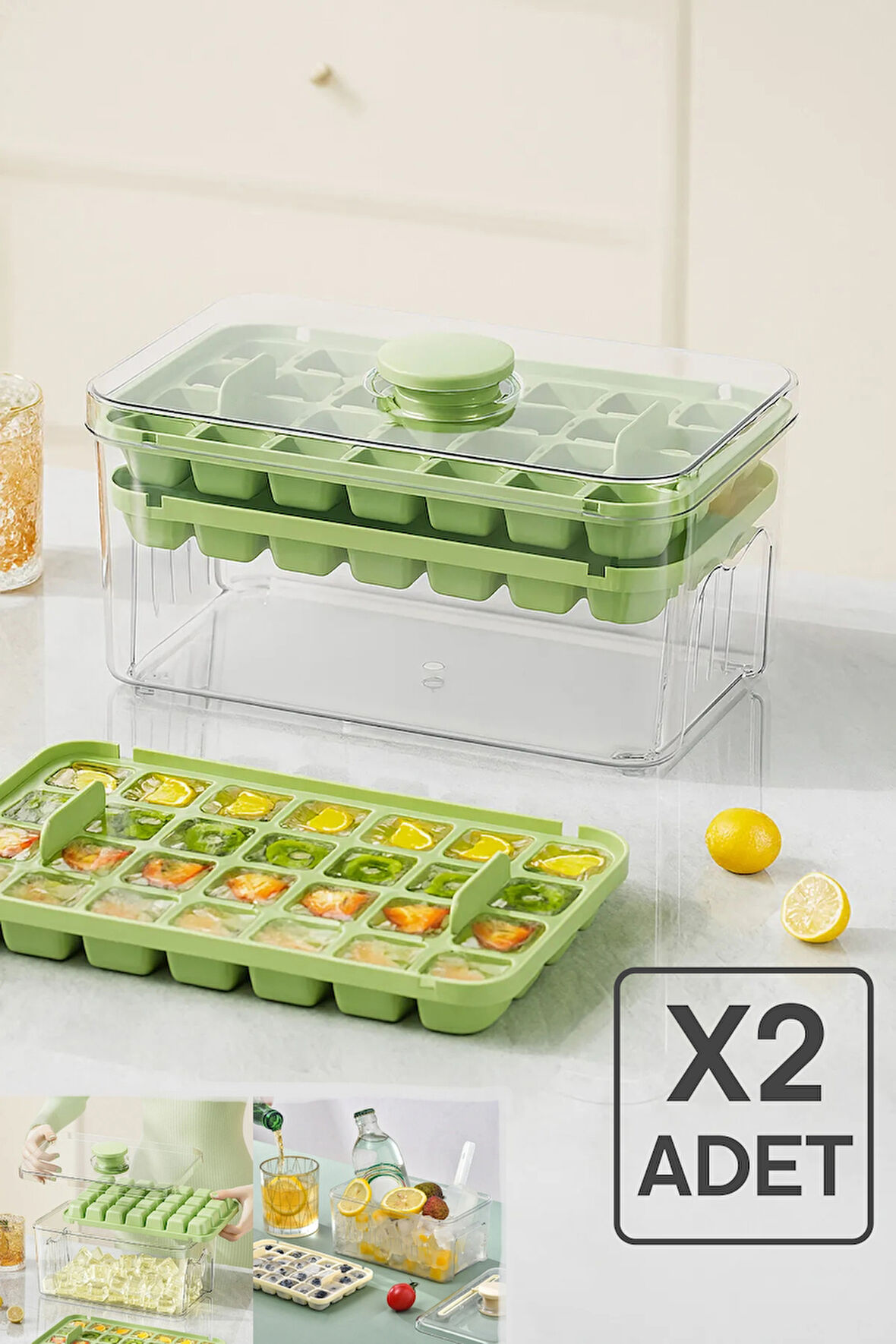 Tilbe Home 2'li Yeni Nesil Basmalı Çift Buz Kalıbı Buzluk – Kapaklı Saklama Kutulu 56 Bölmeli Hazneli Buz Küpü