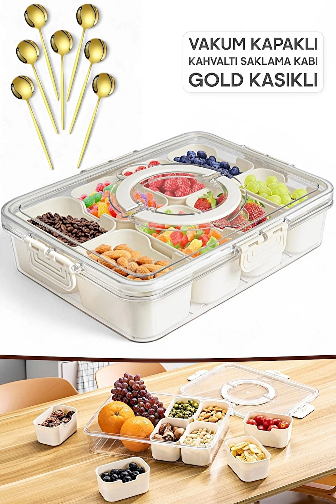 Tilbe Home Gold Kaşıklı Kahvaltılık Saklama Kabı Organizer Kilit Kapaklı 8 Bölmeli Taşınabilir Piknik Seti