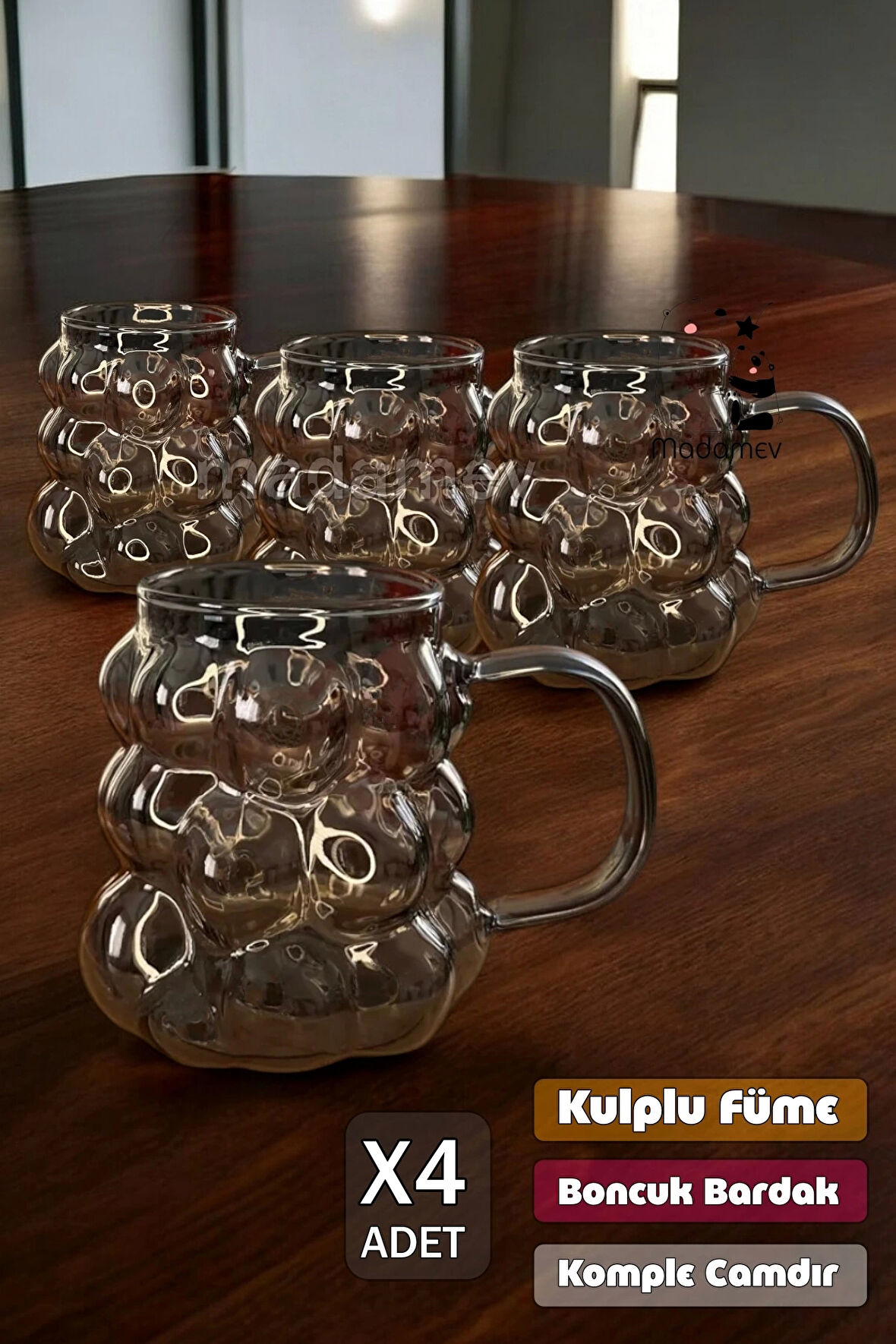 4'lü Füme Kulplu Üzüm Tanesi Boncuk Şekilli Cam Bardak 350ml Isıya Dayanıklı Kahve Sunum Bardağı