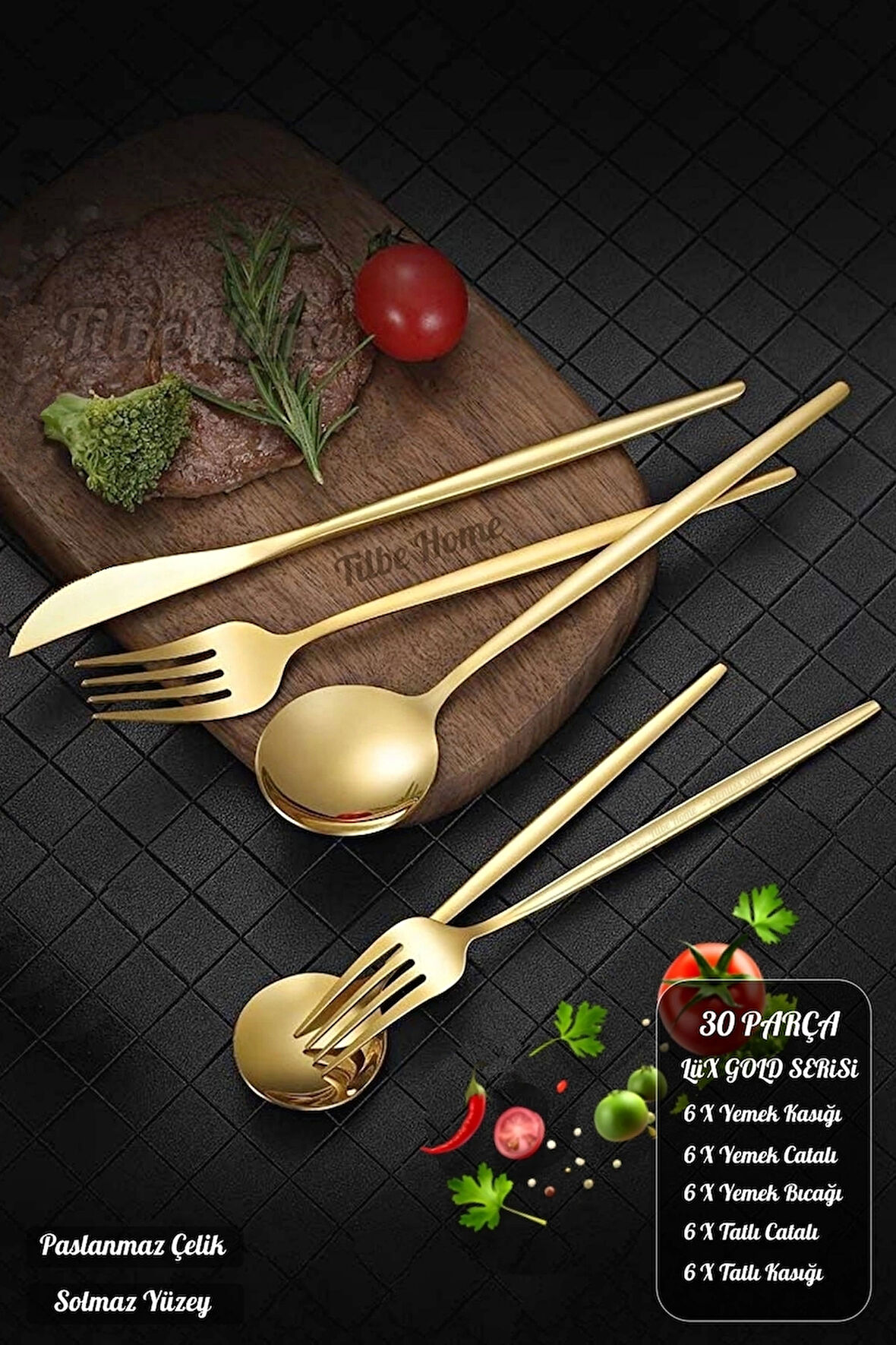 Tilbe Home Lüx 30 Parça Gold Çatal Kaşık Bıçak Seti Paslanmaz Çelik Servis Çeyiz Takımı Parlak Pürüzsüz Çelik
