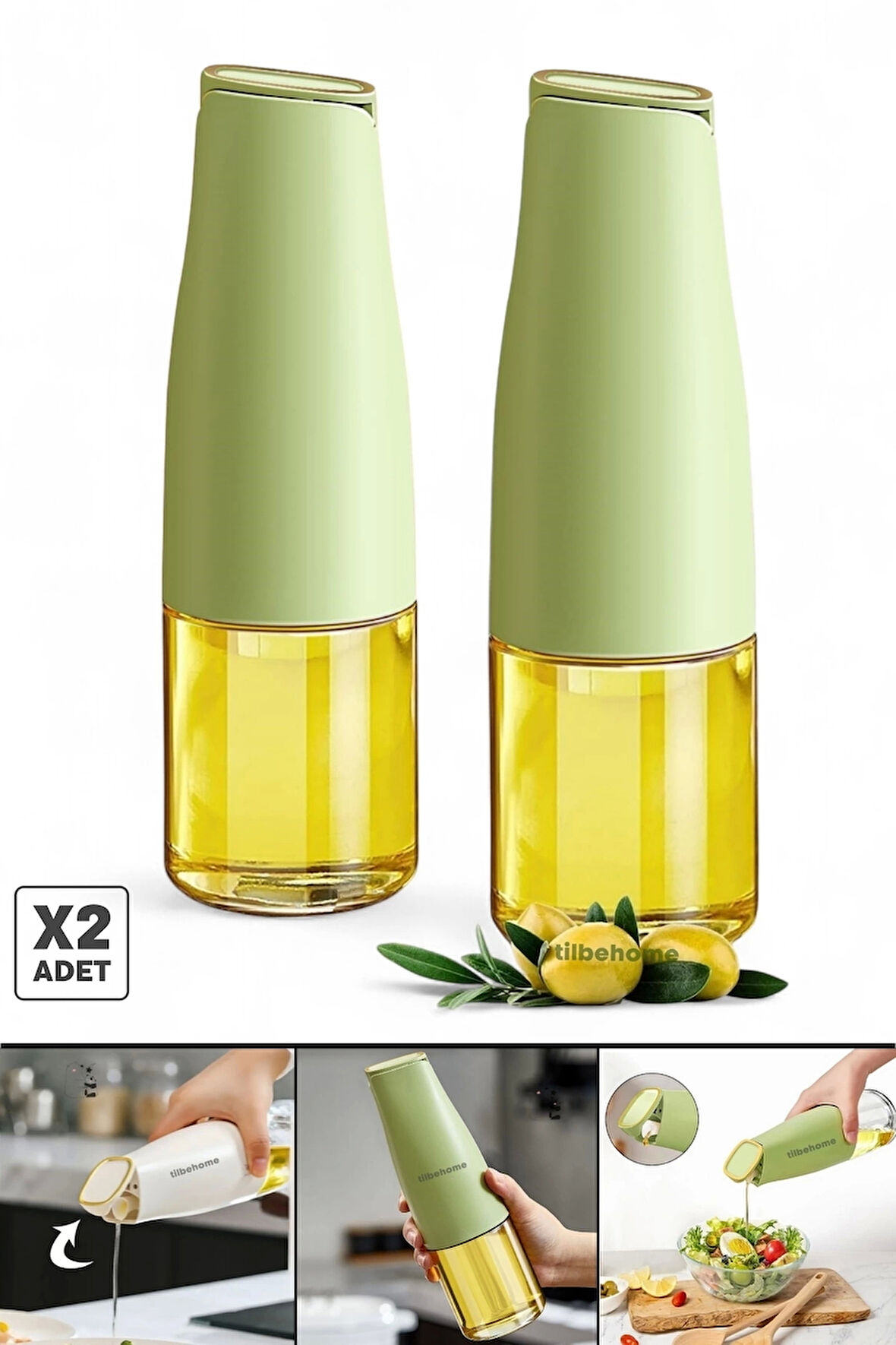 Tilbe Home 2li Fonksiyonlu Cam Yağdanlık 500ml Yeşil Yerçekimi Otomatik Kapak Damlatmayan Ağızlı Yağlık Sosluk