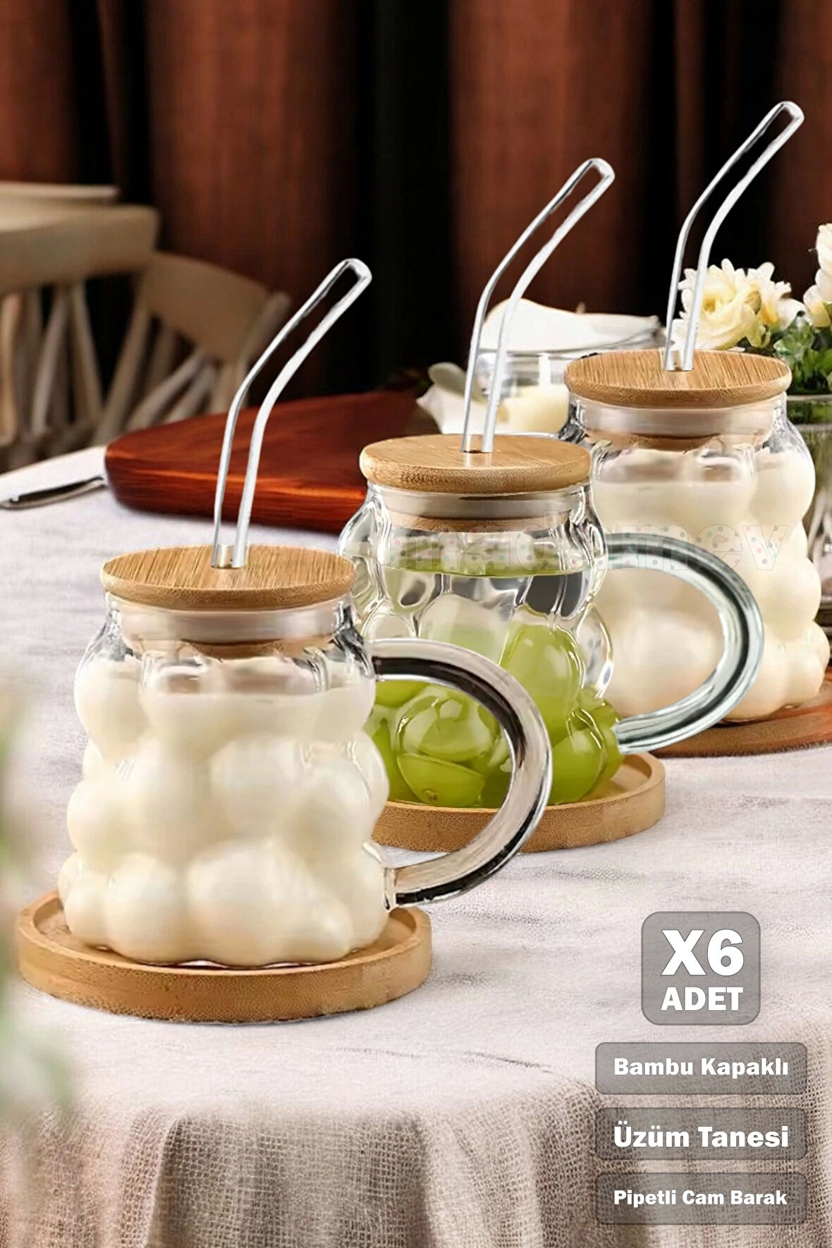 6'lı Üzüm Tanesi Bambu Kapaklı Boncuk Bardak 350 ml Isıya Dayanıklı Cam Pipetli Kahve Sunum Bardağı