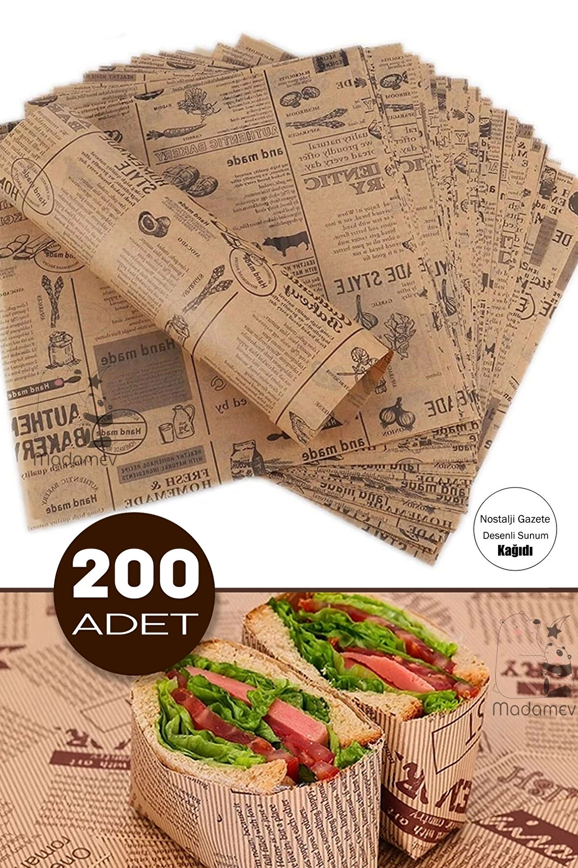 200lü Breakfast Desenli Yağlı Kağıt Vintage Gazete Desen Aparatif Kağıdı Mutfak Servis Sunum Kağıdı