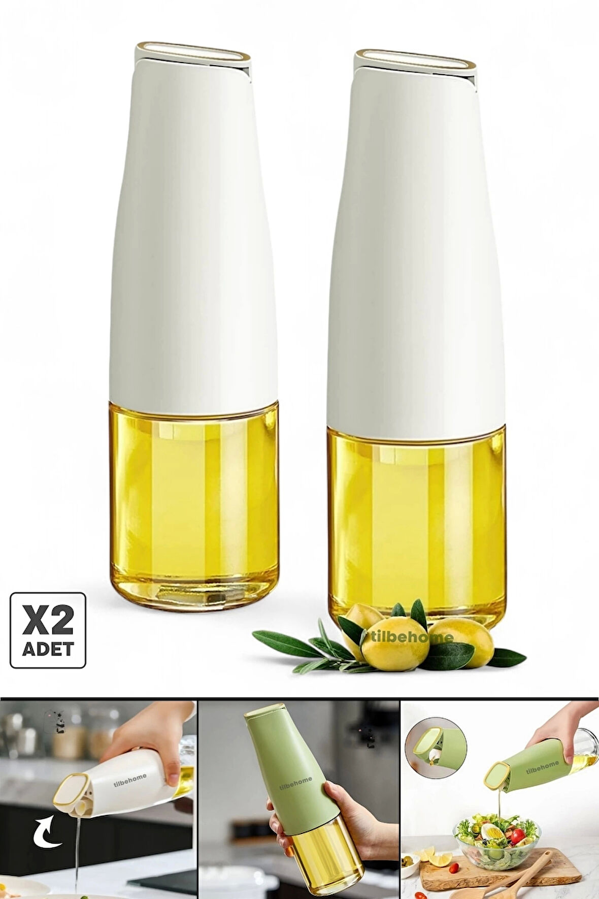 Tilbe Home 2li Fonksiyonlu Cam Yağdanlık 500ml Yerçekimi Otomatik Kapak Açma Damlatmayan Ağızlı Yağlık Sosluk