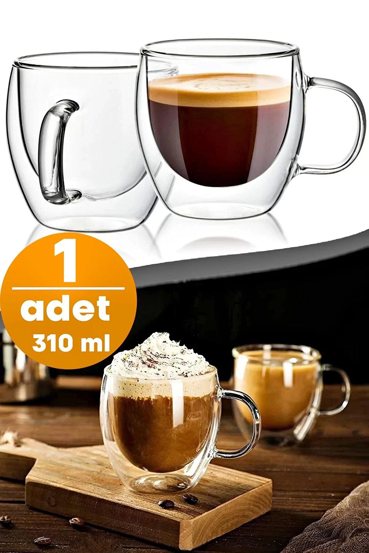 Çift Cidarlı Cam Bardak Kupa 310 ml Ev Ofis Espresso Kahve Fincanı Borosilikat Kulplu Çay Bardağı