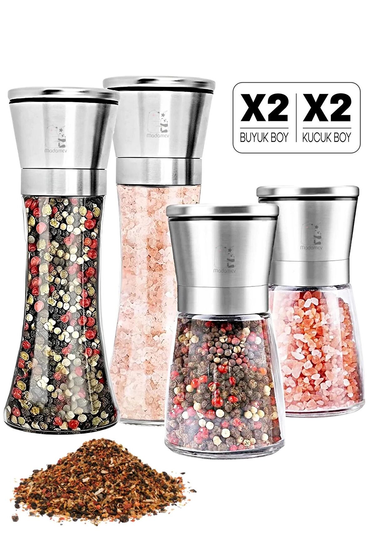 4'lü Metal Karabiber Tuzluk Değirmeni Seramik Bıçaklı Öğütücü Karabiber Biberlik Baharatlık Takımı