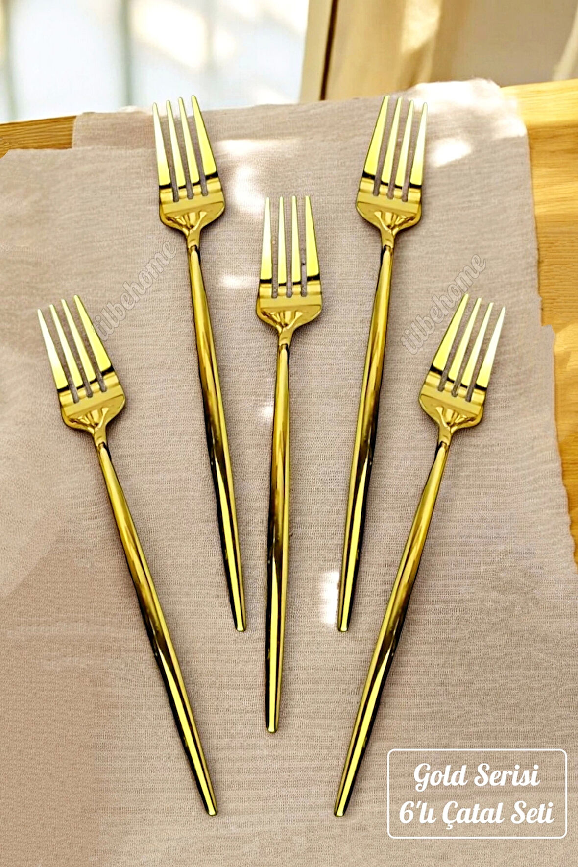 Tilbe Home Lüx 6 Parça Gold Çatal Seti Paslanmaz Çelik Çeyiz Çatal Takımı Parlak Pürüzsüz Gold Series