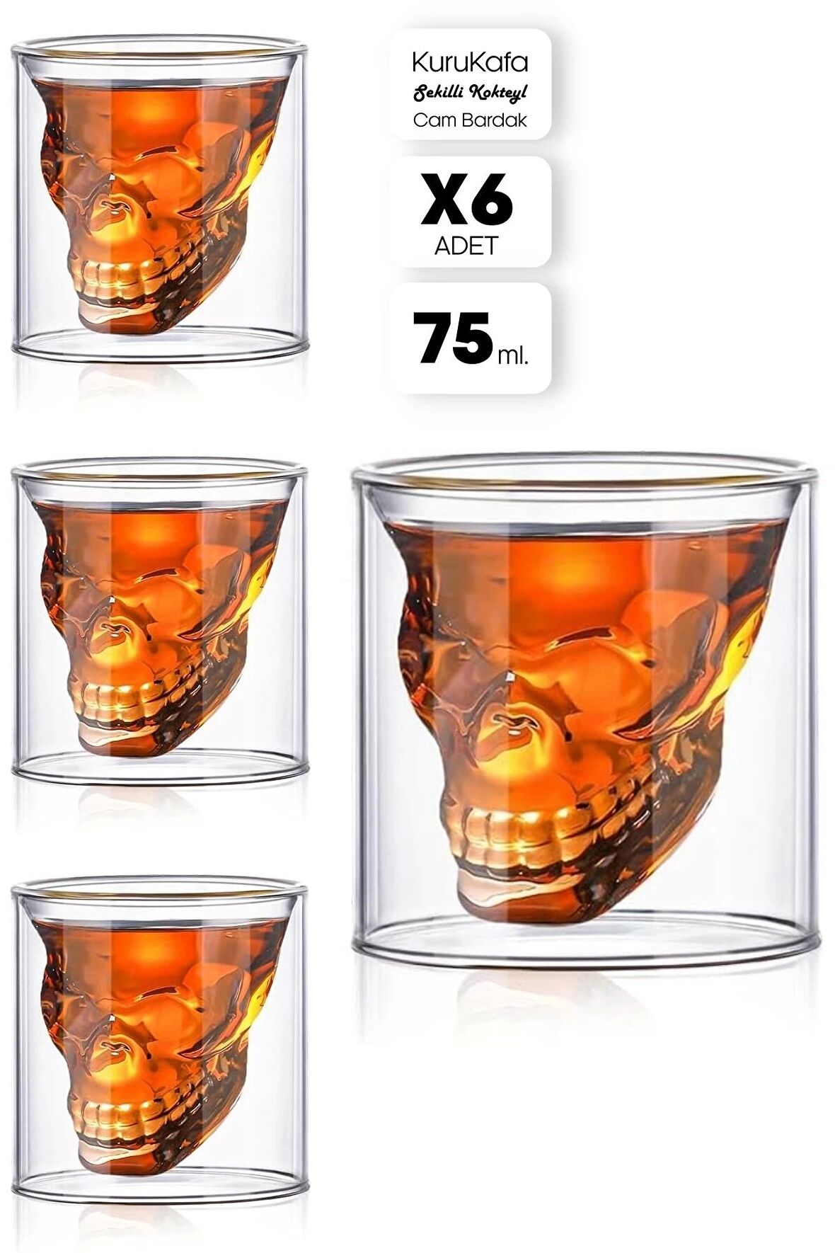 6'lı Kuru Kafa Shot Kokteyl Bardağı Kahve Sunum Bardağı Skull Bardak Tasarım Kokteyl Bardağı 75 ml.