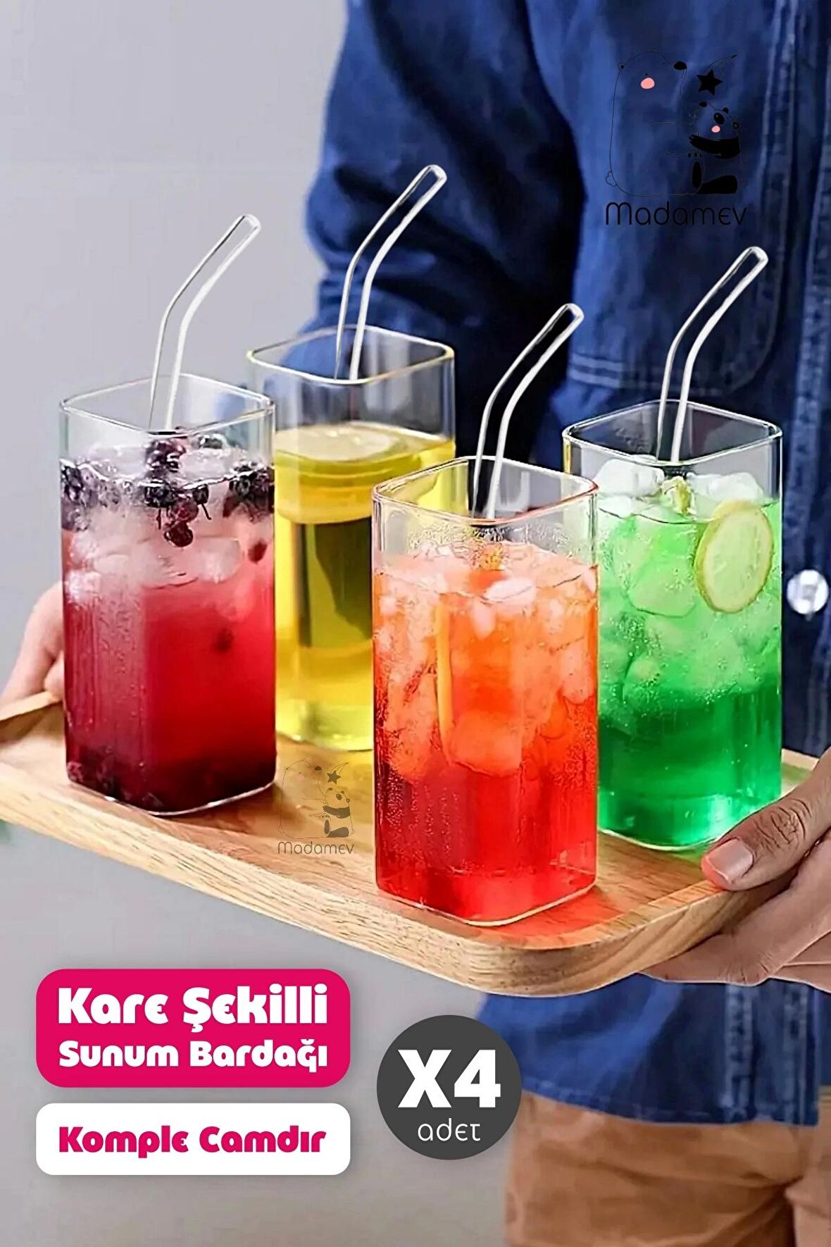 4 Adet Pipetli Kare Still Cam Bardak 350ml Isıya Dayanıklı Retro Kahve Sunum Kokteyl Bardağı Seti