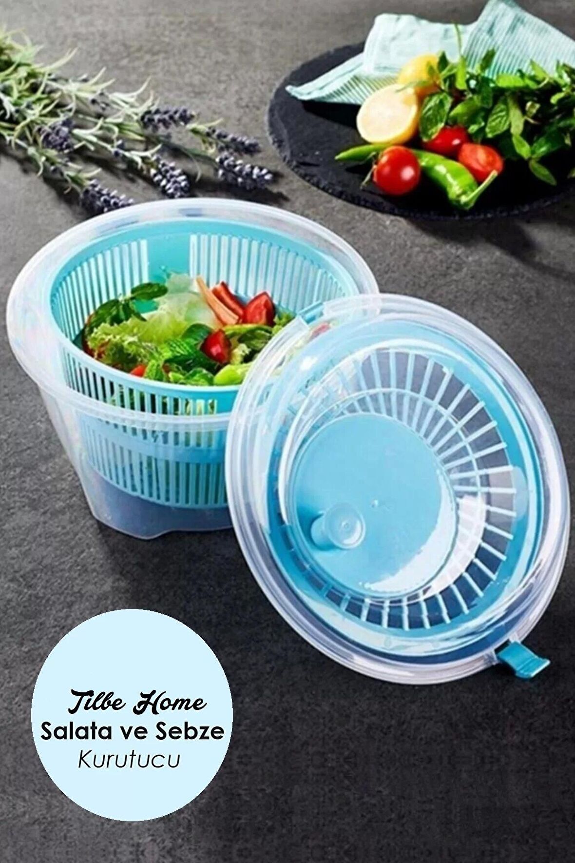 Salata Kurutucu Meyve Sebze Kurutma Makinesi Kilitli Yeşillik Süzgeci Kollu Çevirmeli Salad Spinner