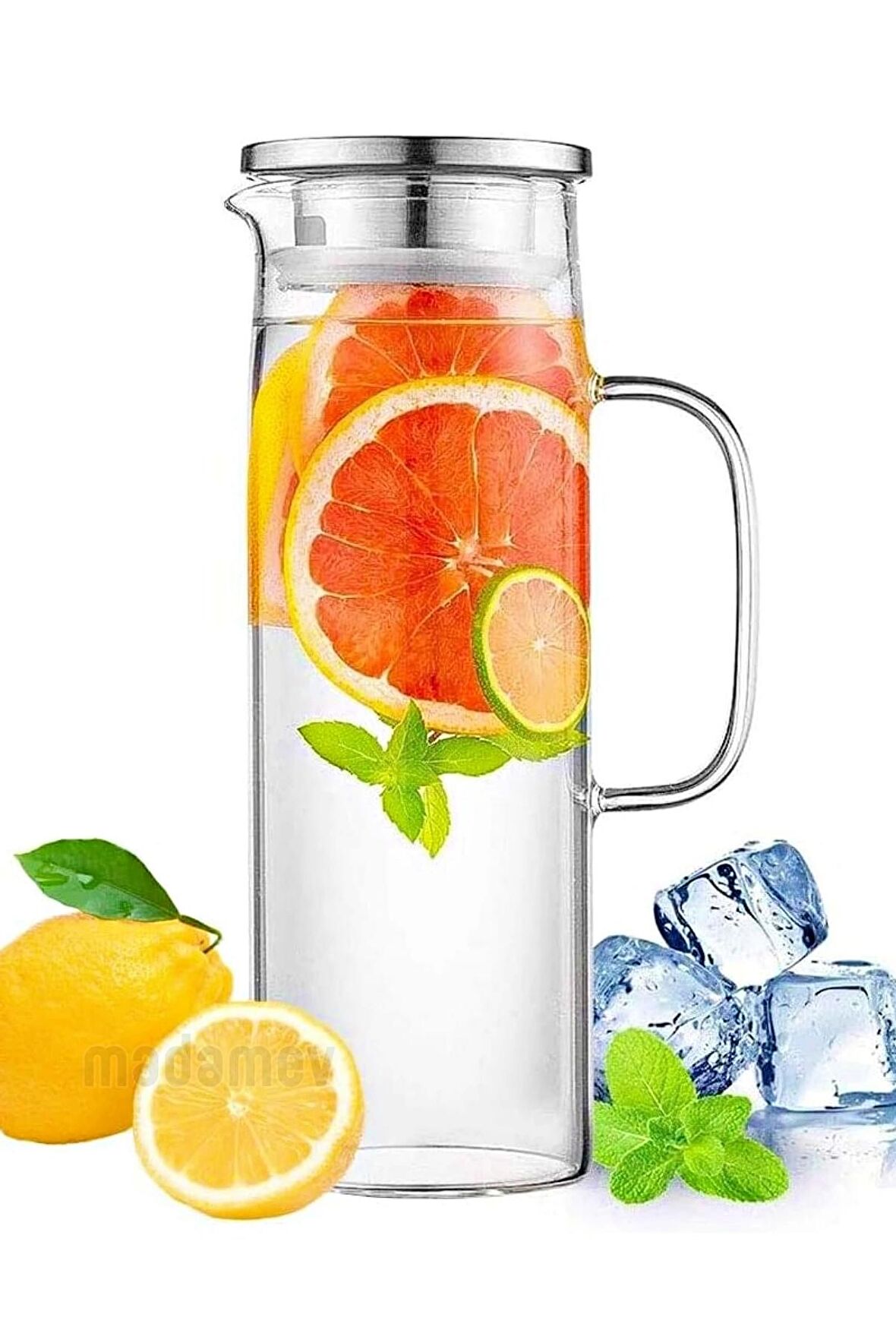 Borosilikat Cam Sürahi Kulplu Çelik Kapaklı Soğuk Sıcak Kokteyl Meşrubat Karaf Cam Sürahisi 1500 ml