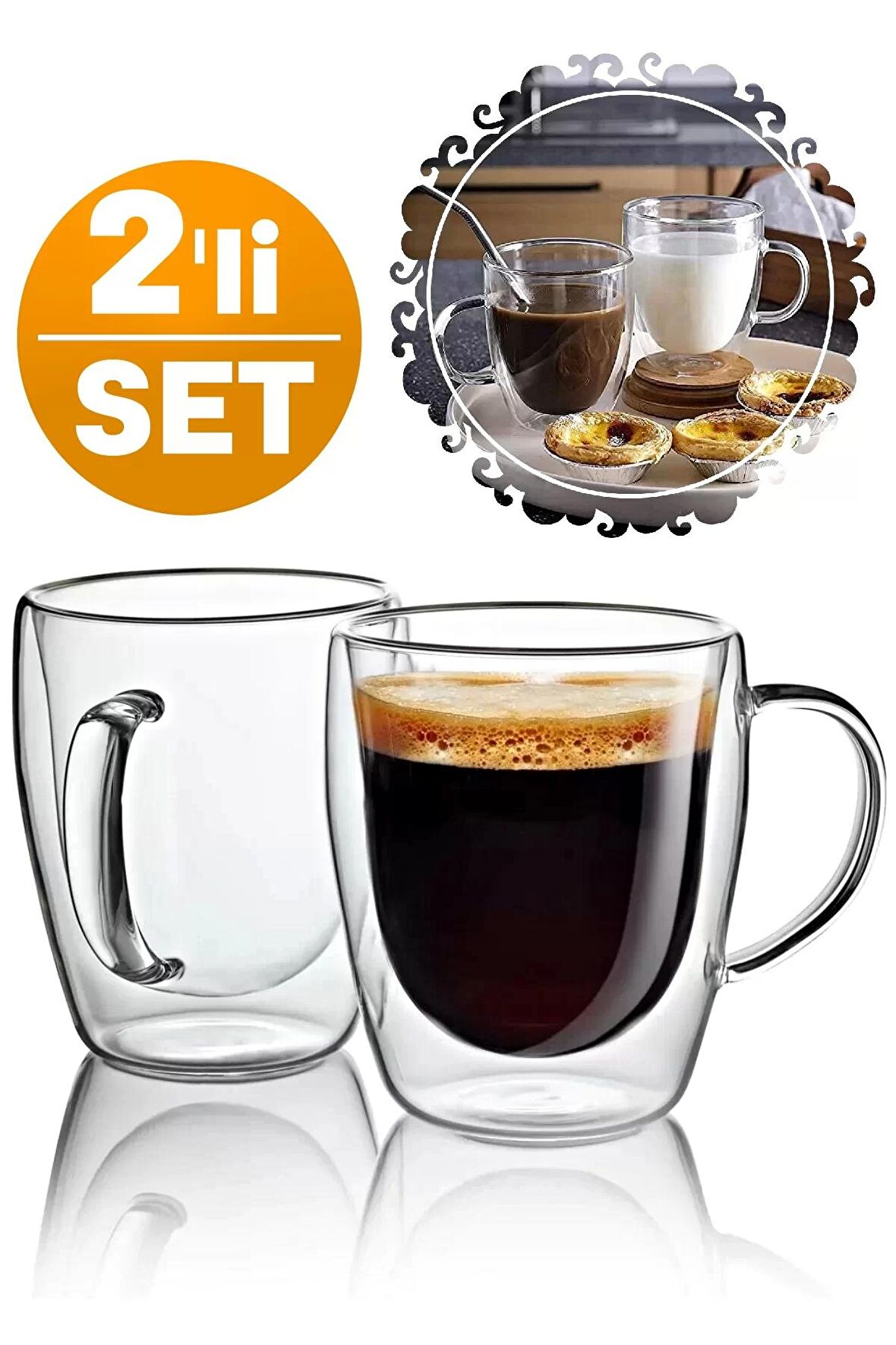 Çift Cidarlı Bardak Cam Kupa 310 ml Ev Ofis Espresso Kahve Fincanı Borosilikat Kulplu Çay Bardağı