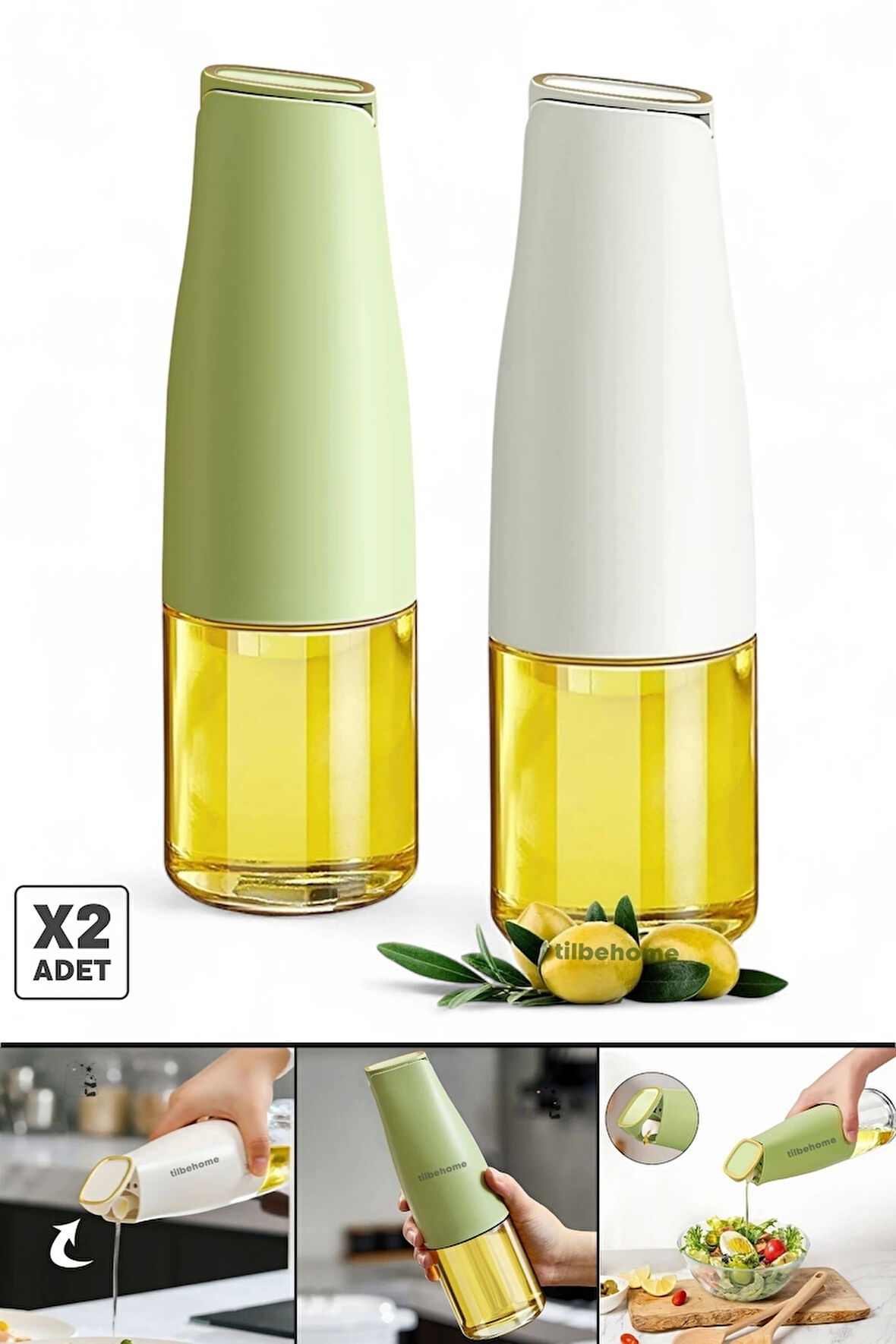 Tilbe Home 2li Fonksiyonlu Cam Yağdanlık 500ml Still Yerçekimi Otomatik Kapak Damlatmayan Ağızlı Yağlık Sosluk