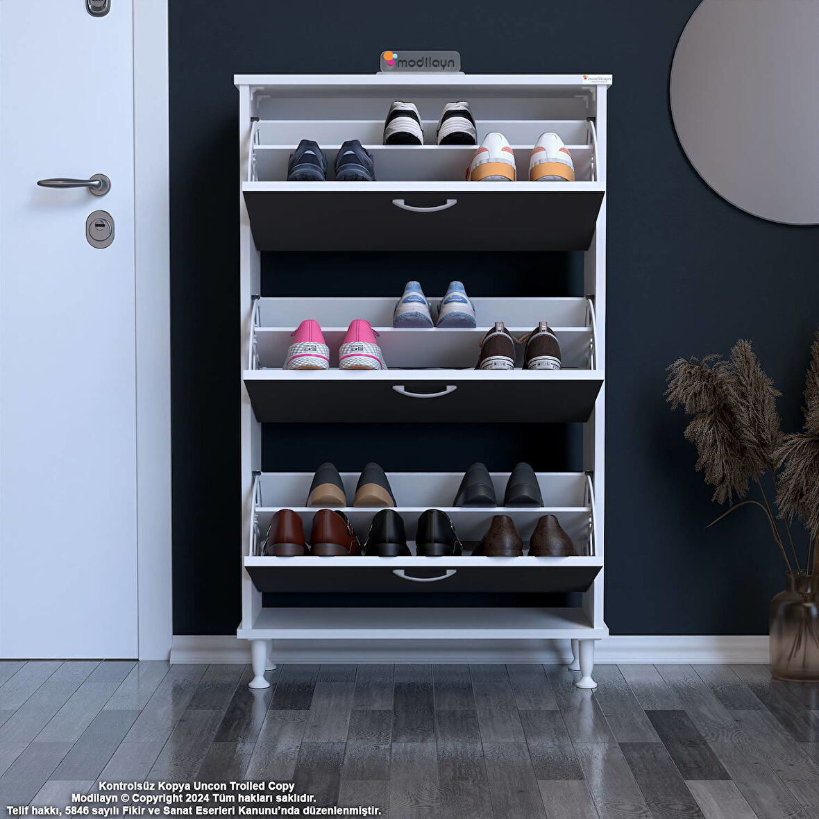 Modilayn VARBİ Antre Hol 72 x 127 x 25, 5 cm lik 3 Düşer Kapak 6 Göz Bölmeli Ayakkabılık