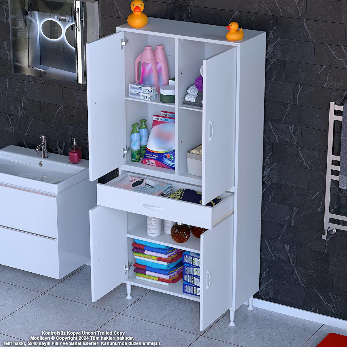 Modilayn YENİ AFRA 85x173x32,5 cm 1 Çekmece 4 Kapak 3 Raf 6 Bölme Çok Amaçlı Banyo & Mutfak Dolabı 