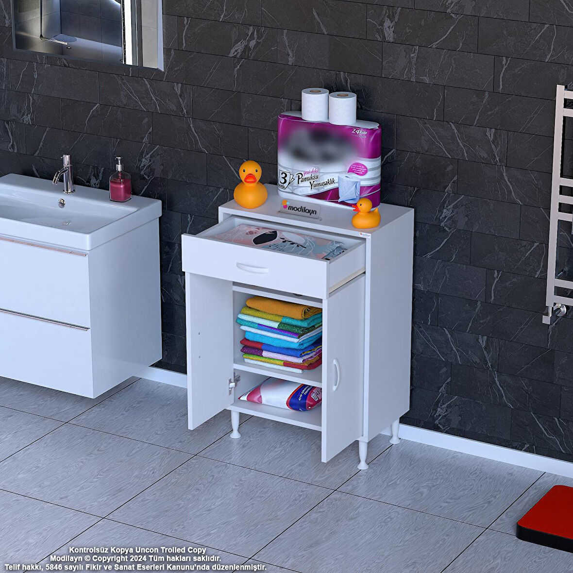 Modilayn EMİR 65 x 88 x 32,5 cm 1 Çekmece 2 Kapak 2 Raf 3 Bölme Çok Amaçlı Banyo & Mutfak Dolabı 