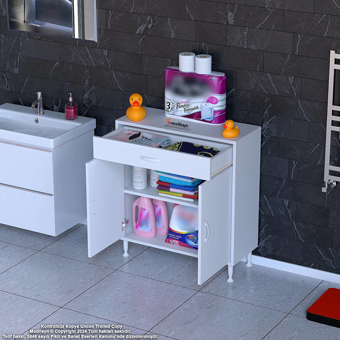 Modilayn EMİR 80x88x32,5 cm 1 Çekmece 2 Kapak 1 Raf 2 Bölme Çok Amaçlı Banyo & Mutfak Dolabı 