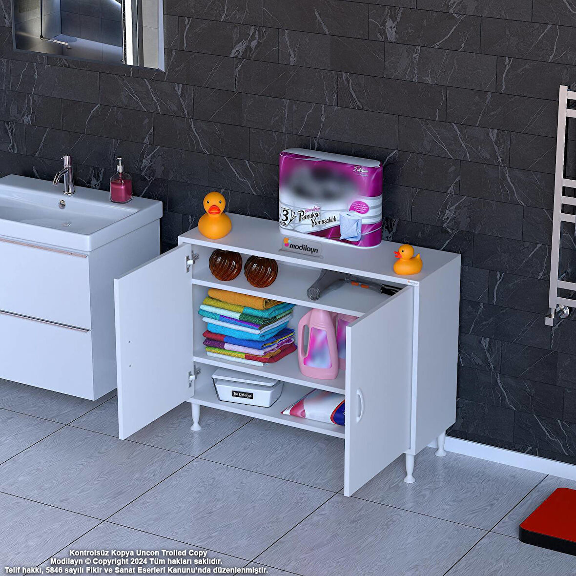 Modilayn SÖKE Küçük Alanlar İçin Akıllı Çözümler 90x75x32,5 cm’ lik 2 Kapaklı 3 Göz Raf Dolap