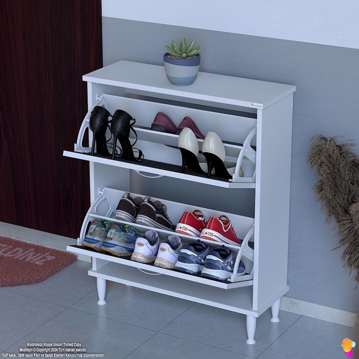 Modilayn UMAY Kapı Önü 72 x 90 x 25,5 cm’ lik 2 Düşer Kapak 4 Göz Bölmeli Ayakkabılık