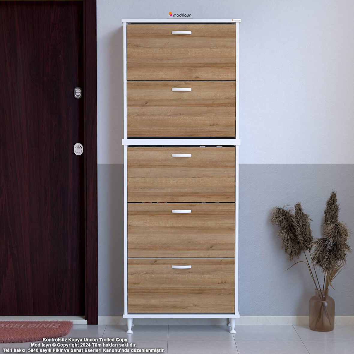 Modilayn VARBİ UMAY' 2 Li Kapı Önü 52 x193x 25, 5 cm’ lik 5 Düşer Kapak 10 Göz Bölme Raf Ayakkabılık