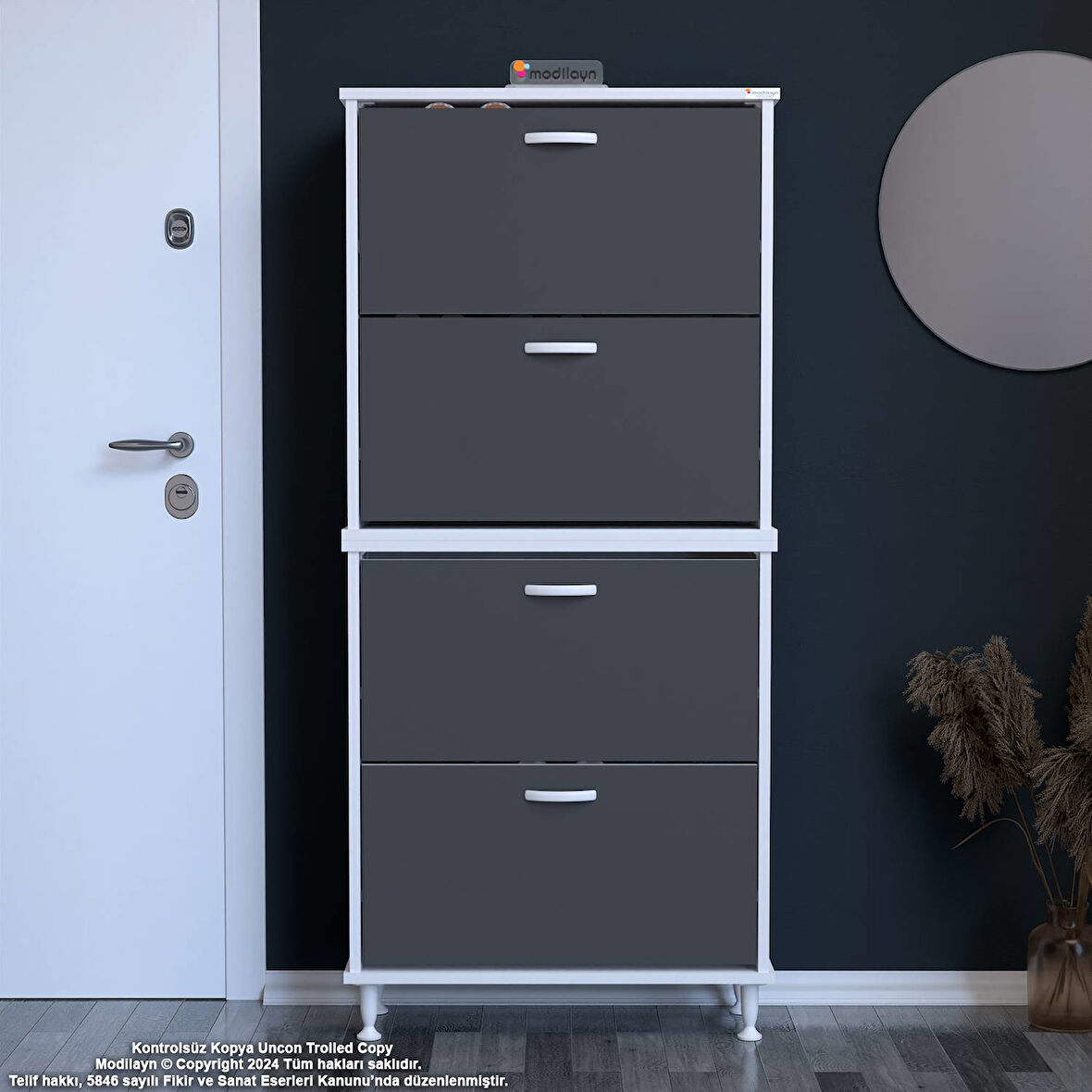 Modilayn UMAY' 2 Li Antre Hol 72 x 168 x 25,5 cm’ lik 4 Düşer Kapak 8 Göz Bölmeli Ayakkabılık