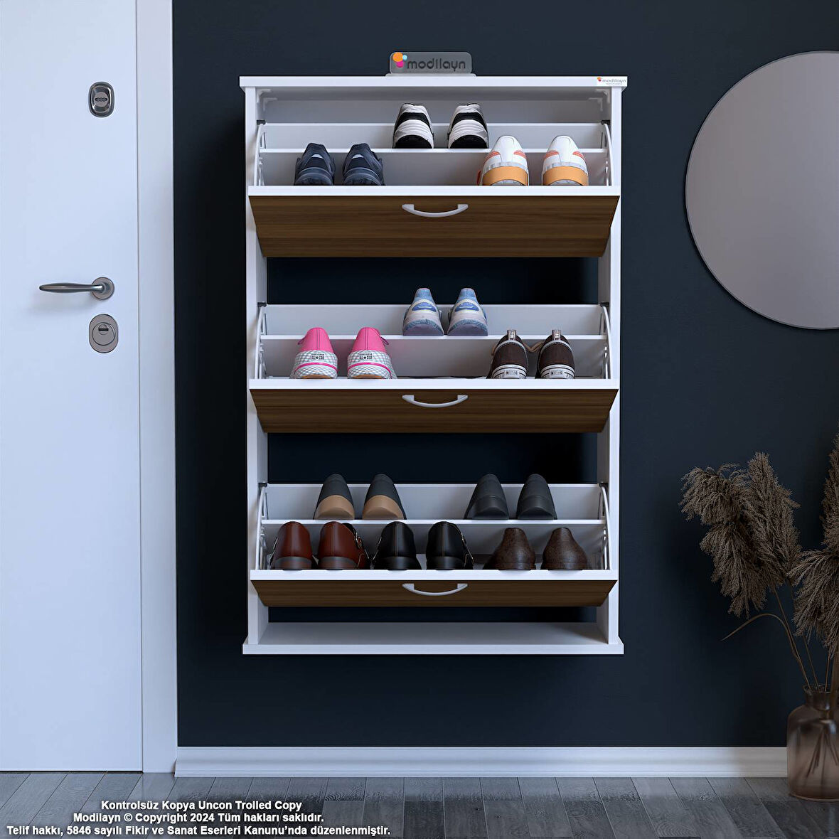 Modilayn VARBİ Asma Antre 72x115x26 cm’lik 3 Düşer Kapak 6 Göz Bölmeli Ayakkabılık