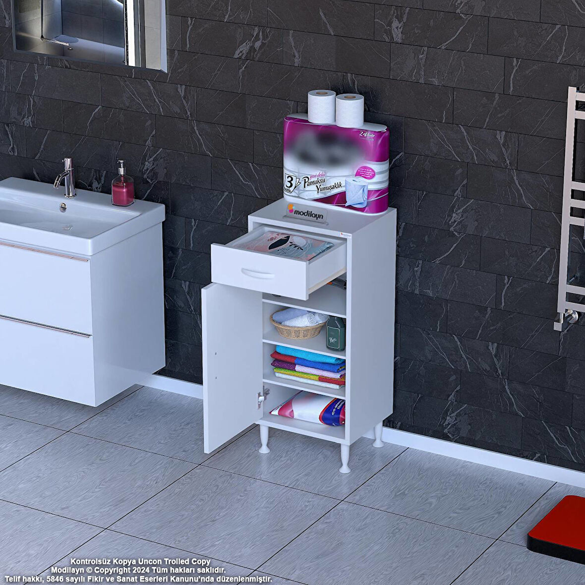 Modilayn EMİR 45 x 88 x 32,5 cm Çok Amaçlı 1 Kapaklı 1 Çekmece 3 Raf 4 Bölmeli Dolap