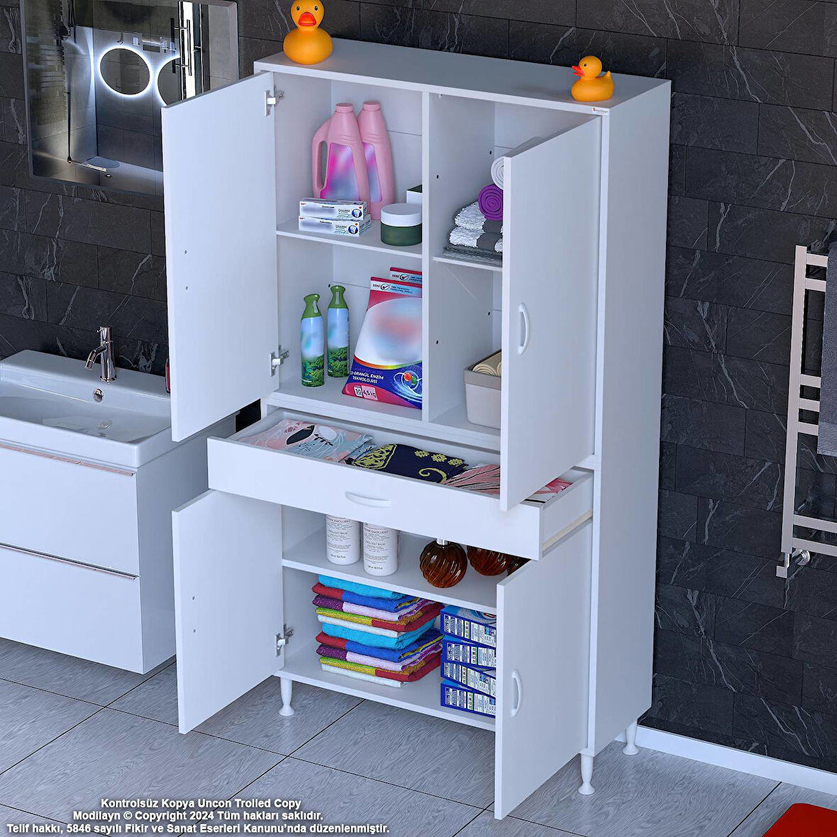 Modilayn YENİ AFRA 95x173x32,5 cm 1 Çekmece 4 Kapak 3 Raf 6 Bölme Çok Amaçlı Banyo & Mutfak Dolabı 