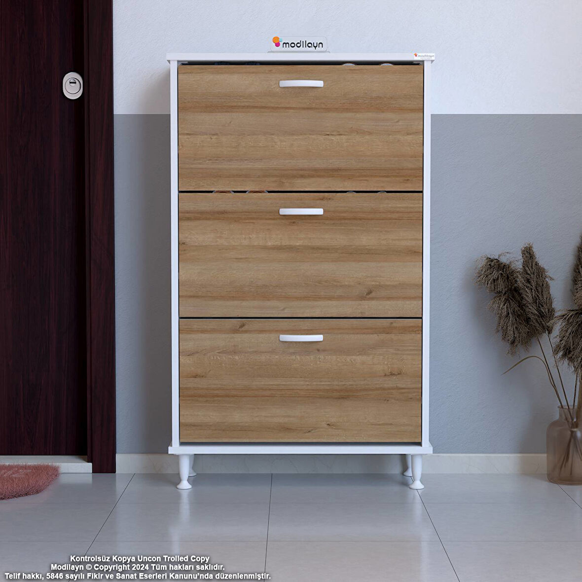 Modilayn VARBİ Kapı Önü 52 x 119 x 25, 5 cm lik 3 Düşer Kapak 6 Göz Raf Bölmeli Ayakkabılık