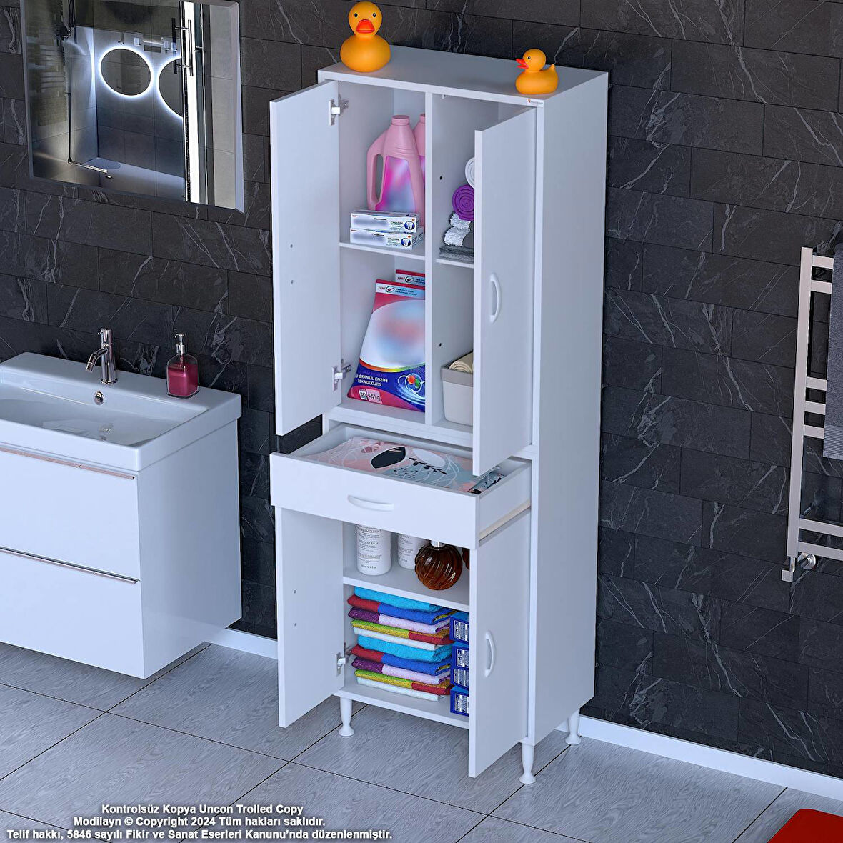 Modilayn YENİ AFRA 70x173x32,5 cm 1 Çekmece 4 Kapak 3 Raf 6 Bölme Çok Amaçlı Banyo & Mutfak Dolabı 
