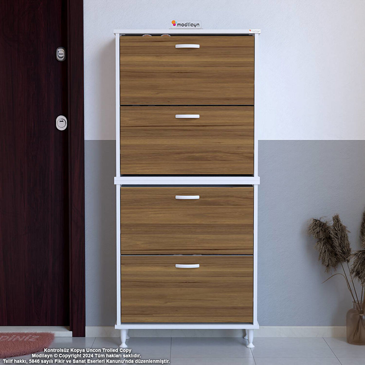 Modilayn UMAY' 2 Li Kapı Önü 52 x 160 x 25,5 cm’ lik 4 Düşer Kapak 8 Göz Bölmeli Ayakkabılık