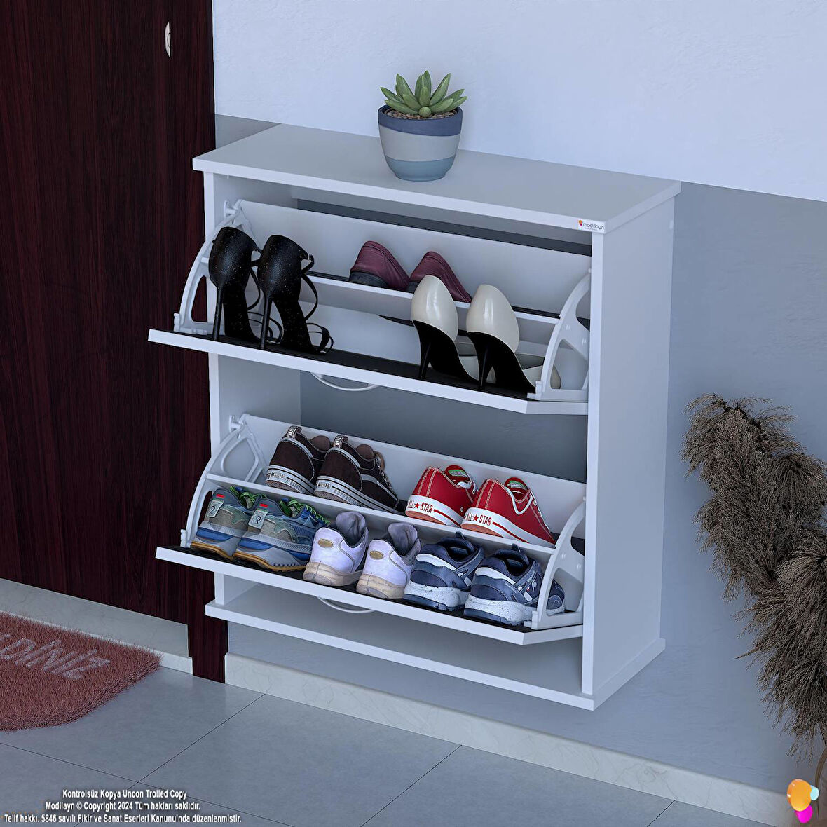 Modilayn UMAY Asma Kapı Önü 72x78x25,5 cm’lik 2 Düşer Kapak 4 Göz Bölmeli Ayakkabılık