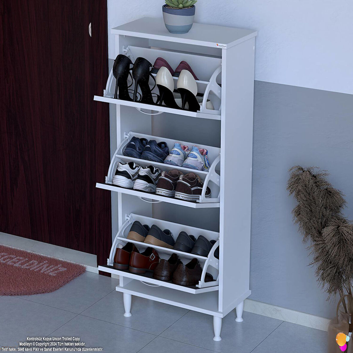 Modilayn VARBİ Kapı Önü 52 x 127 x 25,5 cm’ lik 3 Düşer Kapak 6 Göz Bölmeli Ayakkabılık