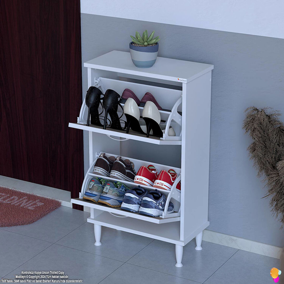 Modilayn UMAY Kapı Önü 52 x 90 x 25, 5 cm’ lik 2 Düşer Kapak 4 Göz Raf Ayakkabılık