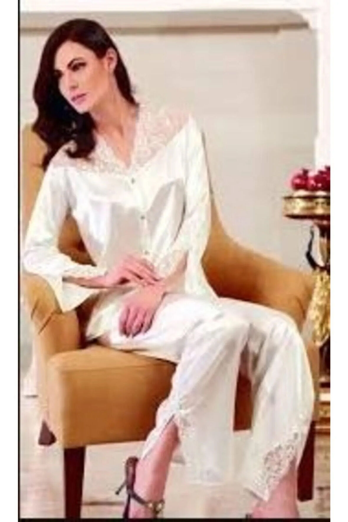 Ekru Saten Pijama Takim 5692