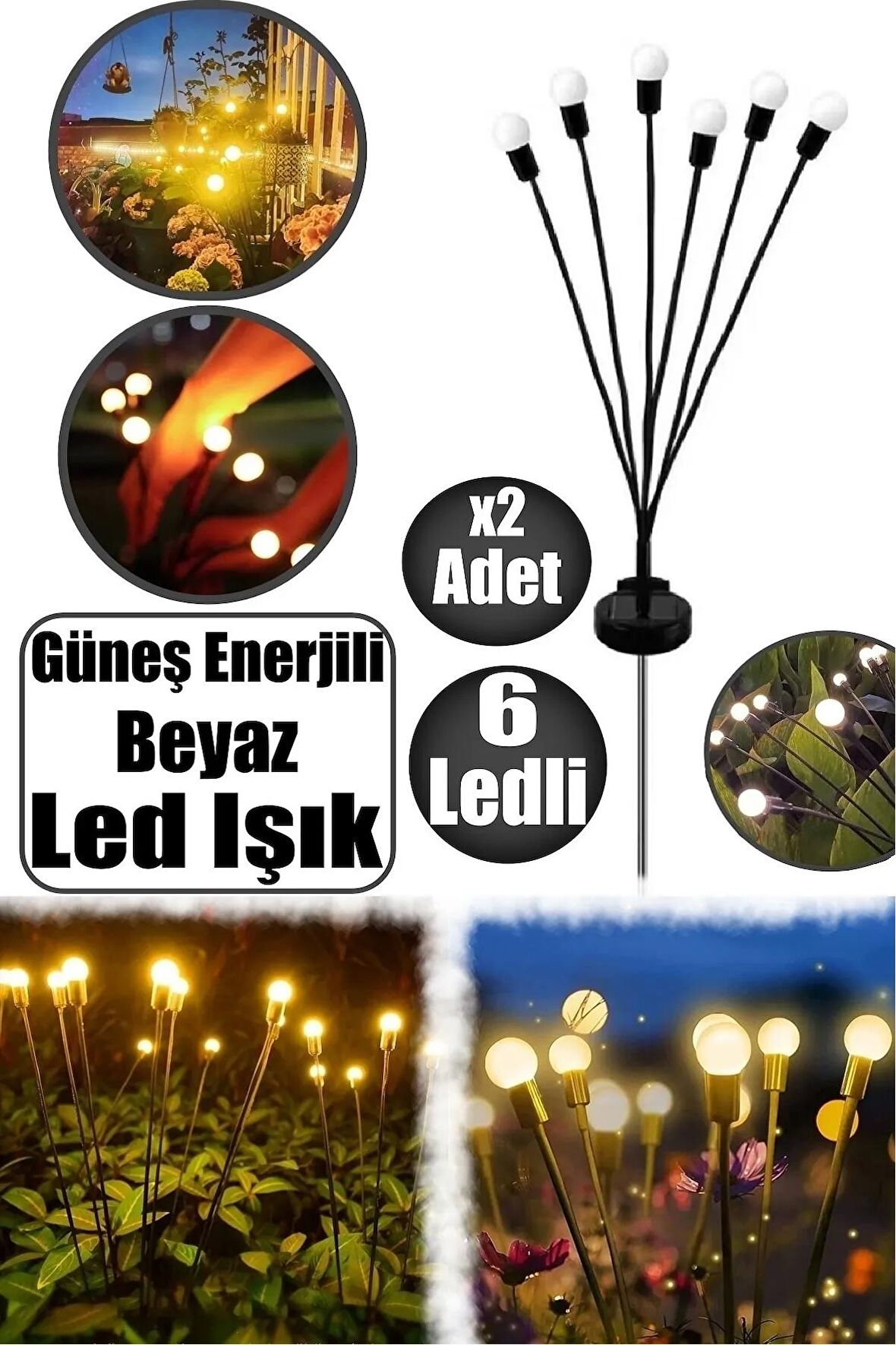 Güneş Enerjili 6'lı Led Işık Beyaz Solar Bahçe Çiti Süs Dış Mekan Peyzaj 2 Modlu