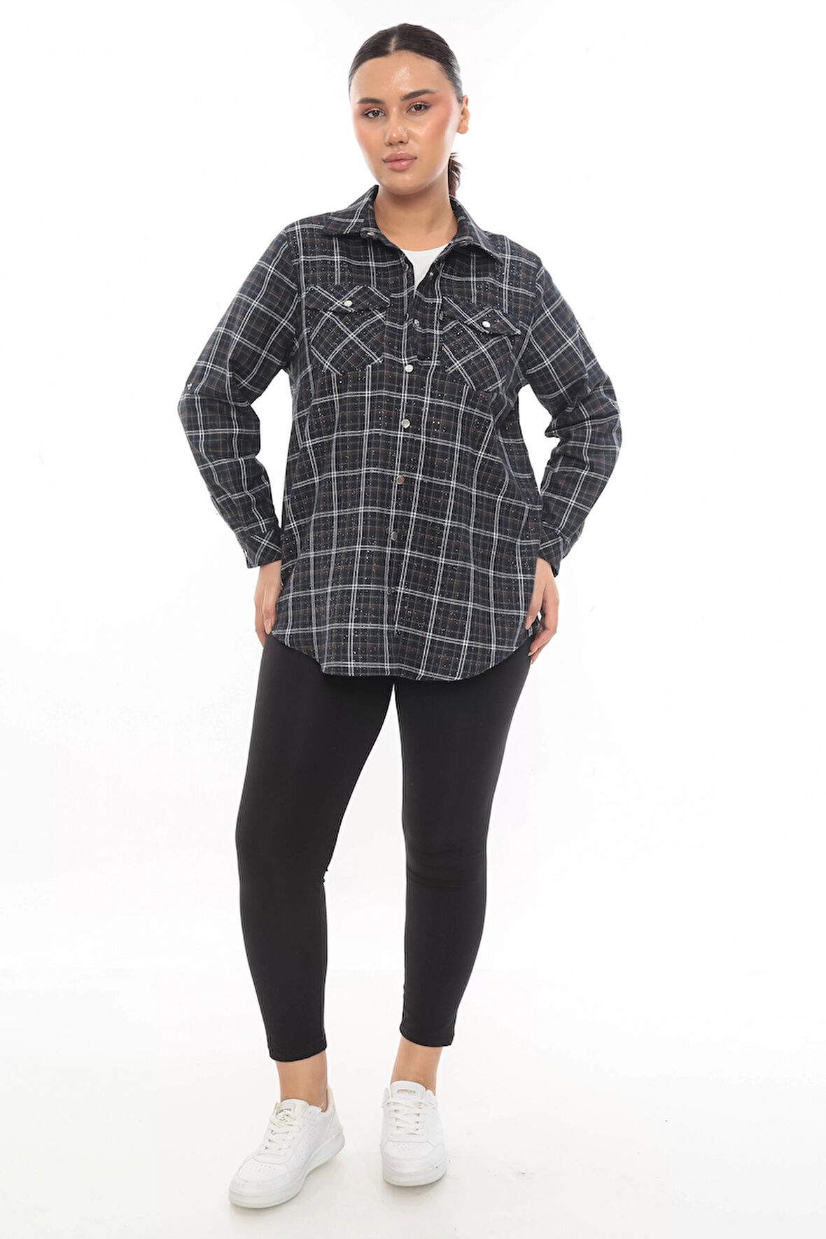 Büyük Beden Ekose Desenli Simli Rahat Kalıp Kadın Gömlek