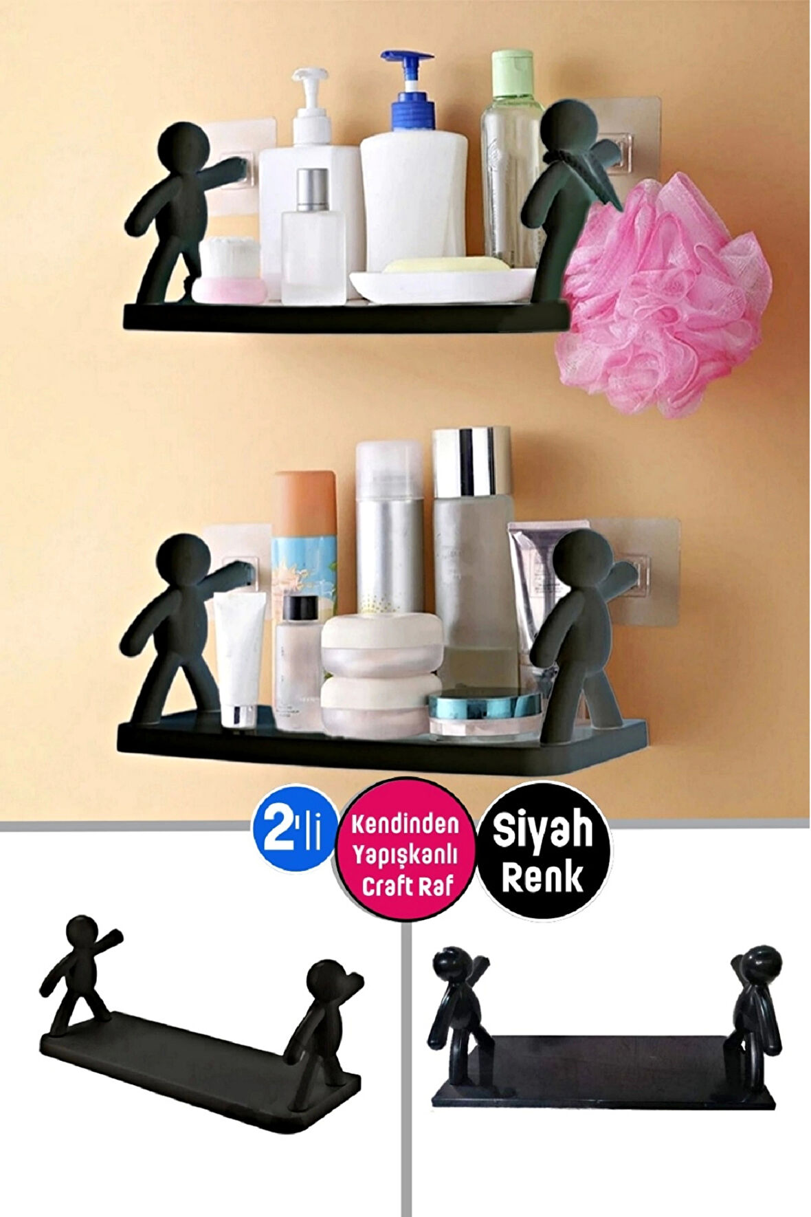 2 Adet Kendinden Yapışkanlı Craft Siyah Banyo Rafı Mutfak Organizer Duvara Monte Raf