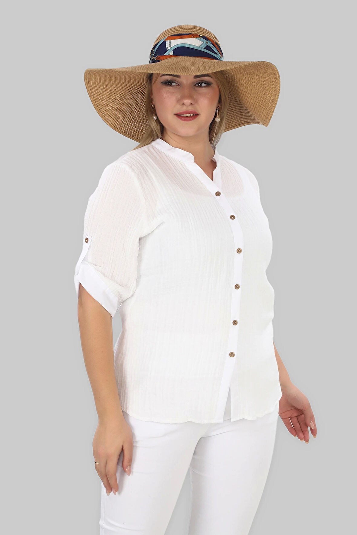 %100 Cotton Hakim Yaka Büyük Beden Kadın Müslim Kumaş Gömlek